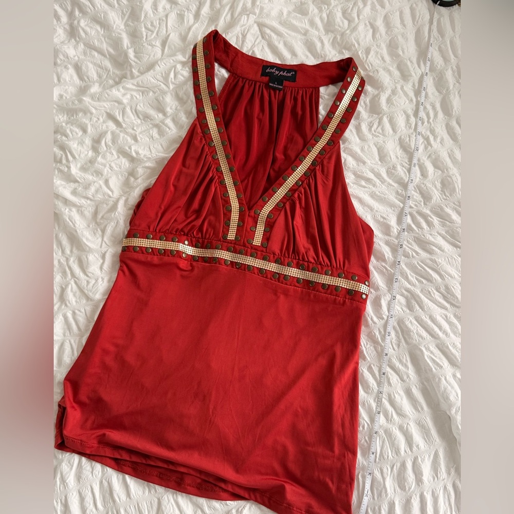 BABY PHAT Red V-Neck Gold Studded Blouse Tank Top